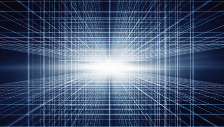 A blue grid tunnel recedes into a bright light at the vanishing point. Clear details and vibrant colors enhan...の素材