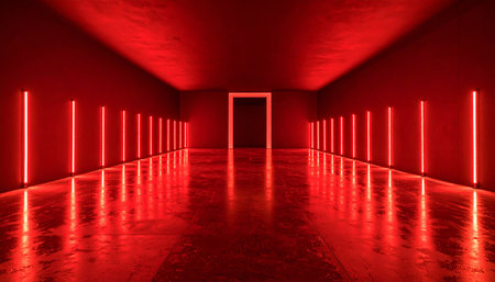 3d rendering of a red corridor with neon lights in the centerの素材