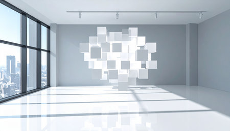Abstract white interior with cube on wall and city view. 3D Renderingの素材
