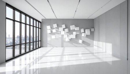 Abstract white interior with windows and city view. 3D Renderingの素材