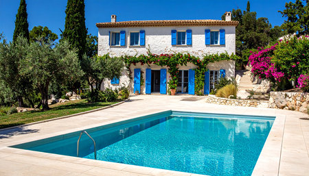 Luxury villa with swimming pool, view from the gardenの素材
