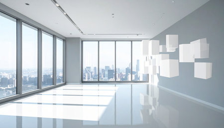 interior of a modern office with windows and city view, 3d renderの素材