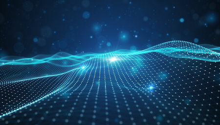Abstract blue digital landscape with a glowing mesh surface and bokeh particles. Clear details and vibrant co...の素材