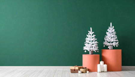 Christmas decoration with fir trees and gift boxes on a green wall backgroundの素材