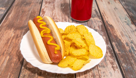 Hot dog with mustard and potato chips on white plate over wooden backgroundの素材