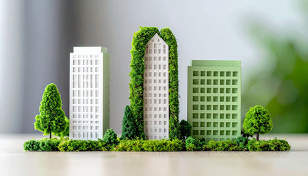 Miniature city with green trees on wooden floor and blurred background.の素材