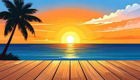 Tropical beach with palm trees and sunset. Vector illustration.の素材
