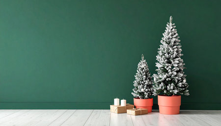 Christmas tree with gift boxes in front of green wall, 3D renderingの素材
