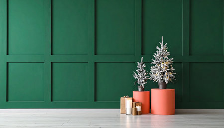 Christmas tree in orange vase near green wall, space for textの素材