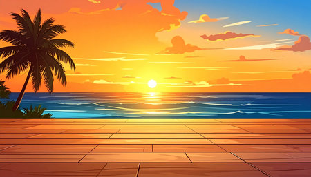 Sunset over the sea with palm trees and wooden floor. Vector illustrationの素材