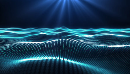 Abstract blue digital waveform surface with glowing light rays from above. Clear details and vibrant colors e...の素材