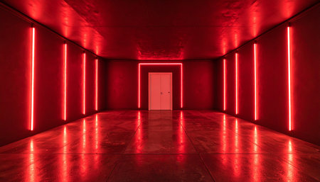 3d rendering of a red corridor with glowing lights and a doorの素材