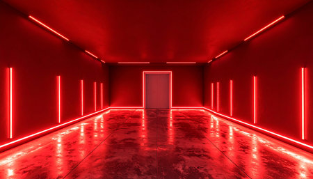 Futuristic red corridor with glowing neon lights. 3D renderingの素材