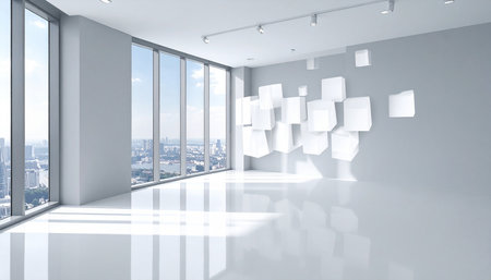 3d rendering of white empty room with windows and city view.の素材