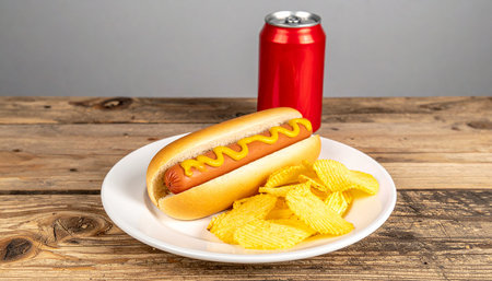 Hot dog with mustard, potato chips and soda can on wooden tableの素材