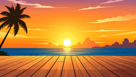 Sunset on the beach with wooden floor and palm trees. Vector illustration.の素材