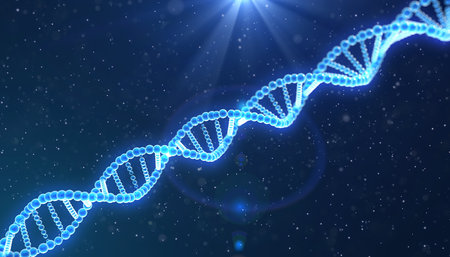 A luminous blue DNA double helix structure with glowing particles and light rays.の素材