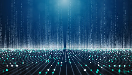 Vertical lines of glowing light particles descend against a dark blue gradient, creating an abstract digital...の素材