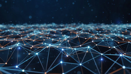 Abstract glowing network of blue and orange nodes and lines on a dark blue backgroundの素材