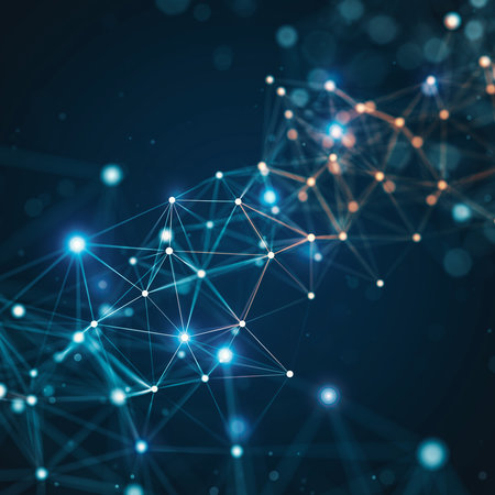 Abstract glowing network of blue and orange nodes and lines on a dark background Clear details and vibrant co...の素材