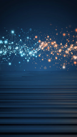 An abstract network of glowing blue and orange lights over horizontal lines. Clear details and vibrant colors...の素材
