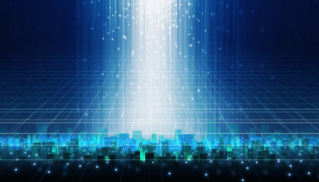 Abstract futuristic cityscape with glowing blue and green lights and a bright light beam.の素材