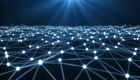 A vast digital network surface with glowing white nodes and blue light rays from above.の素材