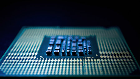 Extreme close-up of a computer CPU showing intricate gold pins and blue illuminated details.の素材