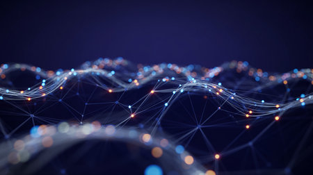 Abstract glowing network of interconnected lines and nodes with bokeh lights on a dark blue background.の素材