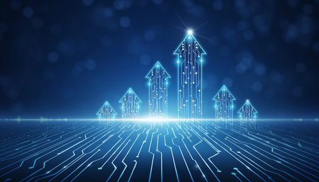 Upward pointing arrows made of digital circuits on a dark blue background. Clear details and vibrant colors e...の素材