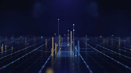 Abstract digital representation of data with glowing lines, bars, and points on a grid.の素材