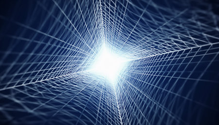 Abstract glowing grid tunnel with bright light at the end on a dark blue background.の素材