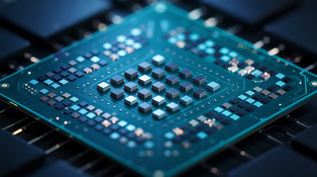 Close-up of a complex computer processor chip with intricate details and glowing elements.の素材