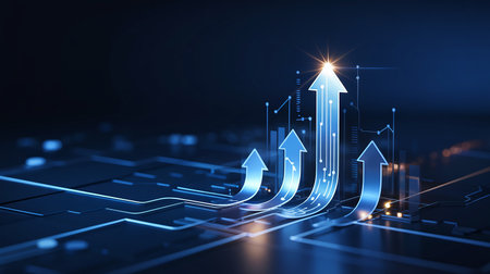 Blue arrows rise on a digital circuit board, symbolizing business growth and technological advancement.の素材
