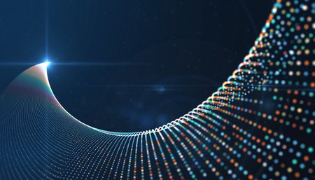 A swirling wave of colorful dots against a dark blue background with a lens flare.の素材