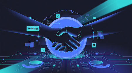 Digital handshake illustration with glowing circuits and hosting icon on a dark background.の素材
