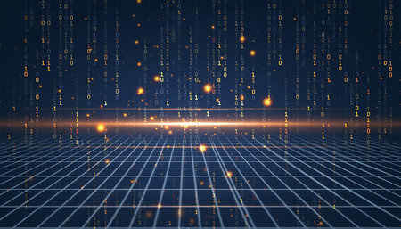 Digital binary code and a grid pattern with orange light streaks and glowing particles.の素材