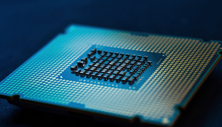 A detailed close-up of a computer CPU with gold pins and a blue illuminated surface.の素材