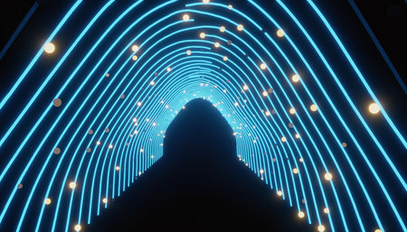 Futuristic tunnel with glowing blue arches and scattered golden lights against a dark background.の素材