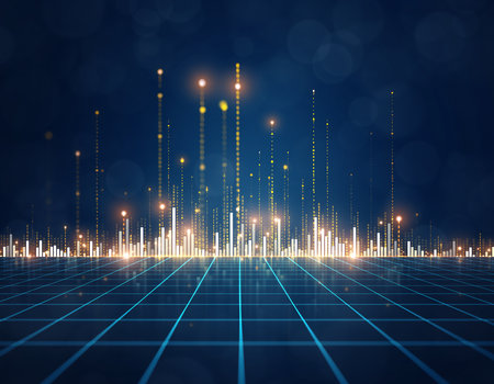 Abstract digital data visualization with glowing lights and a blue grid. Clear details and vibrant colors enh...の素材