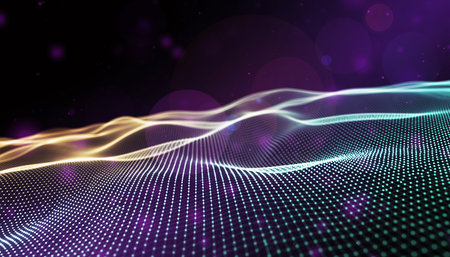 An abstract wavy landscape of glowing dots in purple and yellow tones with bokeh.の素材