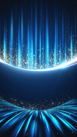 Blue light streaks and golden particles create a dynamic, futuristic abstract background.の素材