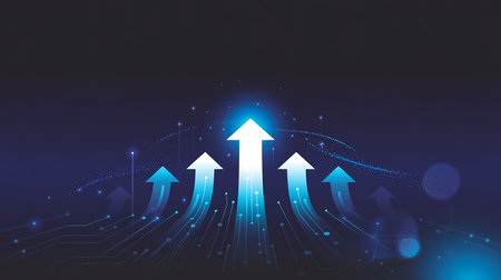 Glowing blue arrows rise on a dark background with digital network lines and particles.の素材