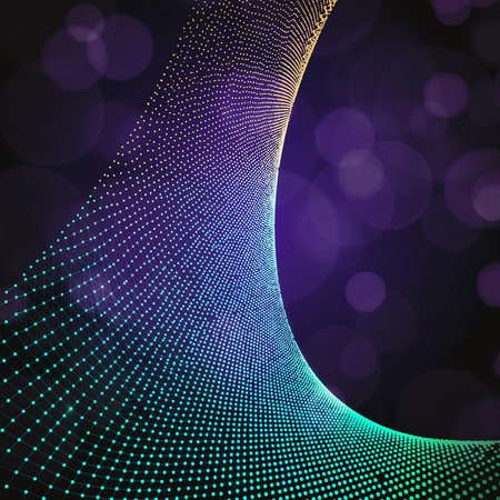 An abstract swirling wave of dots in purple and green hues with bokeh lights. Clear details and vibrant color...の素材