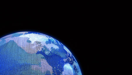 A glowing blue digital globe made of dots against a dark background. Clear details and vibrant colors enhance...の素材