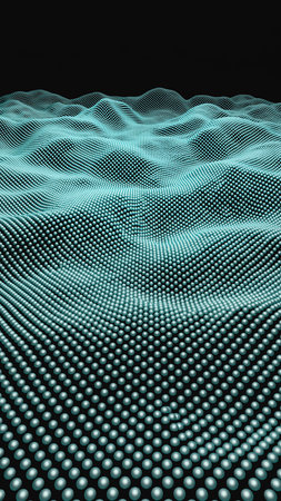 Glowing turquoise spheres form a wavy, textured surface against a dark background.の素材