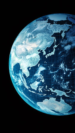 Digital Earth with glowing continents and grid lines on a black background Clear details and vibrant colors e...の素材