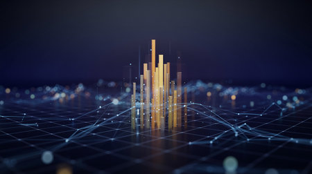 Golden abstract bar graph rising from a digital network grid with bokeh lights. Clear details and vibrant col...の素材