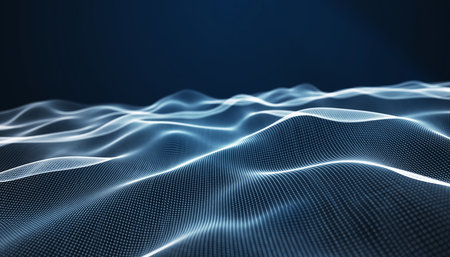 Glowing white digital waveform surface with soft light and a dark background. Clear details and vibrant color...の素材