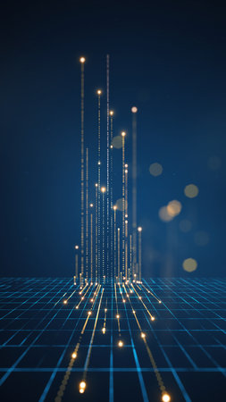 Vertical abstract digital data stream with glowing lights and a blue grid. Clear details and vibrant colors e...の素材